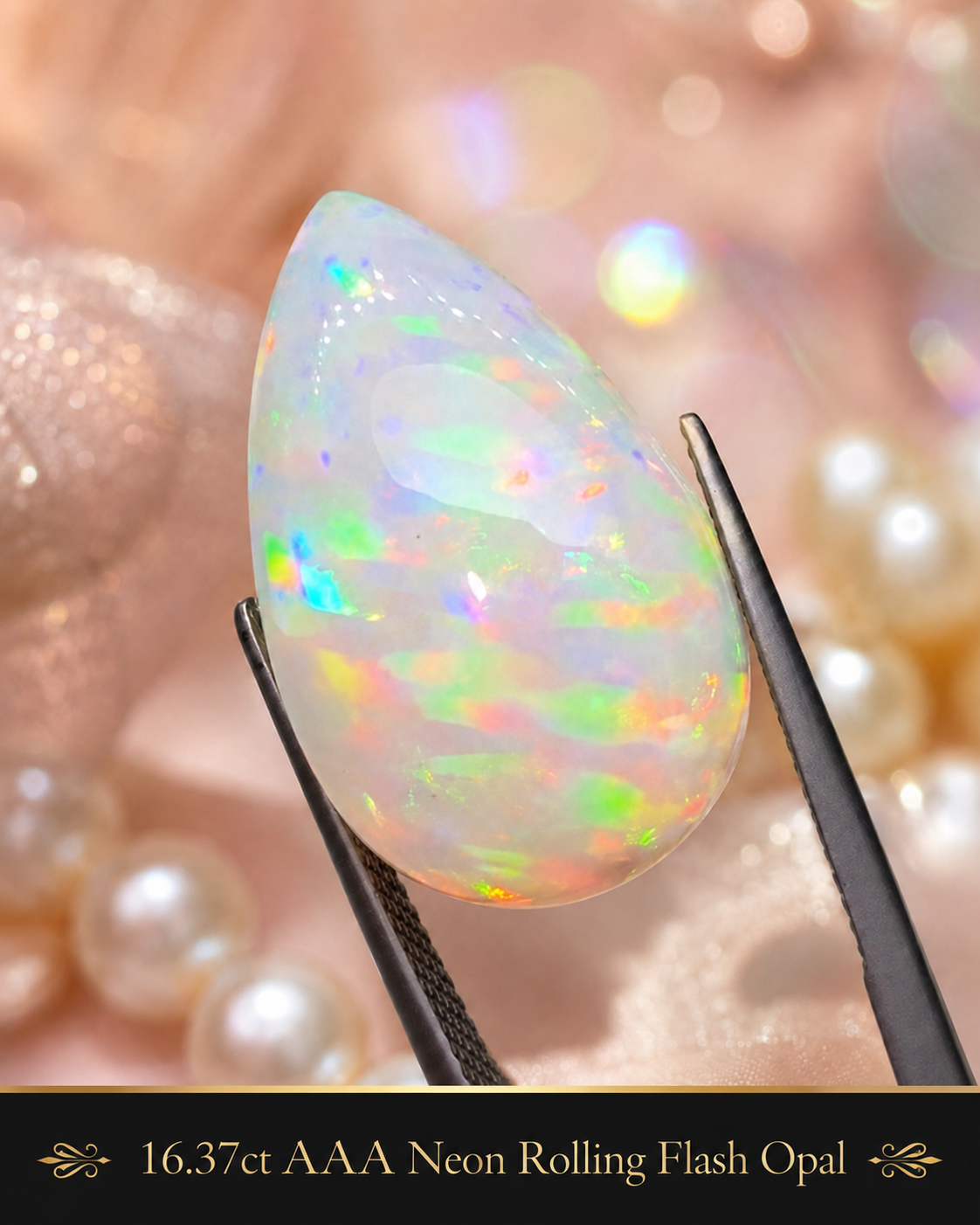 A large, oval-shaped neon flashing opal gemstone held in tweezers with a sparkly background of pearls and glitter.