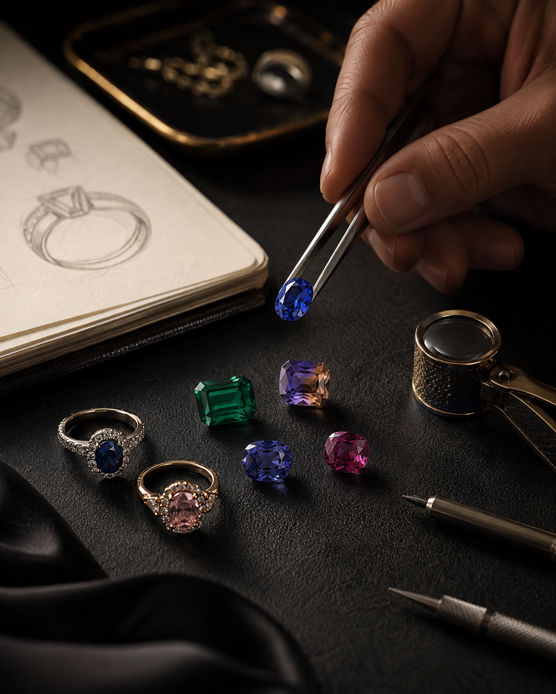 Jeweler's workspace with three rings featuring large colored gemstones and a sketchbook with ring designs, surrounded by gemstone and jewelry setting tools.