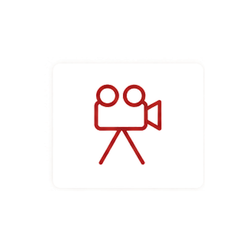 Icon of a vintage film camera with two reels and a tripod, drawn with red lines and some cyan and green details.