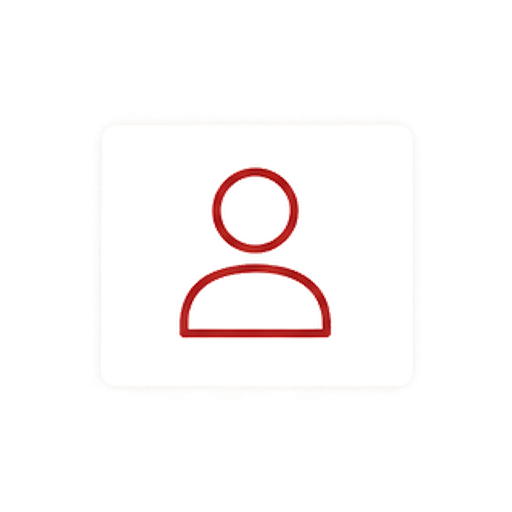 Red outline icon of a person on a white background, resembling a user or profile symbol.