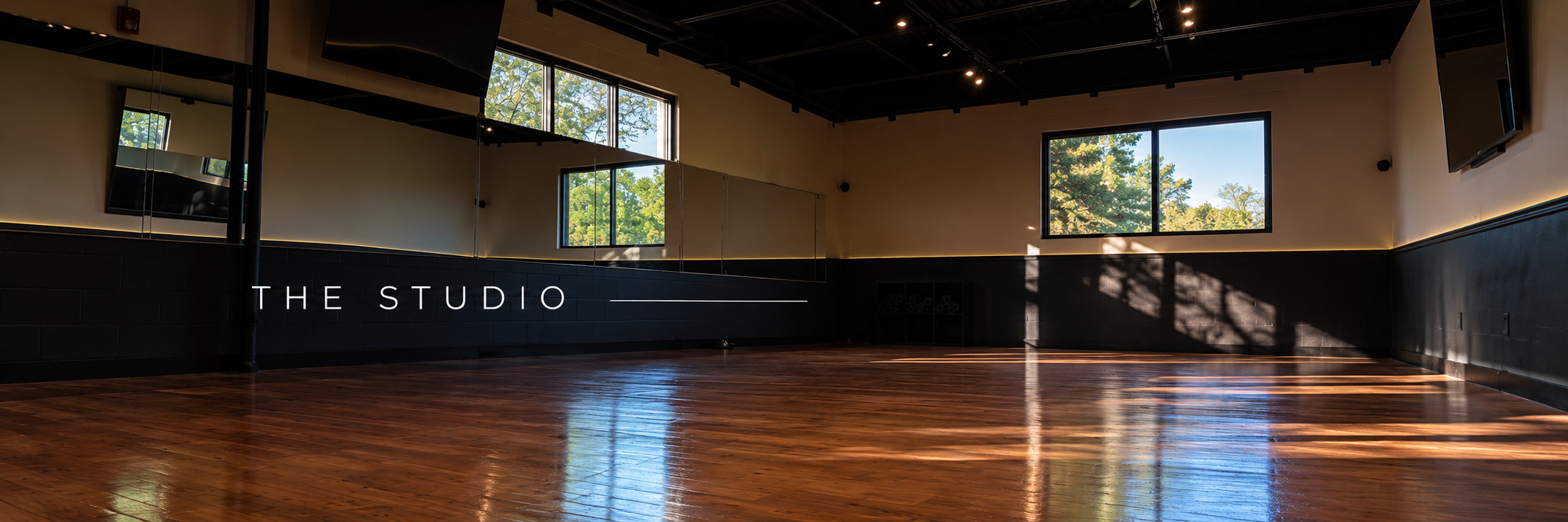 Empty dance or workout studio with hardwood floors, large windows with trees outside, mirrored wall, and the words 'THE STUDIO' on the wall.