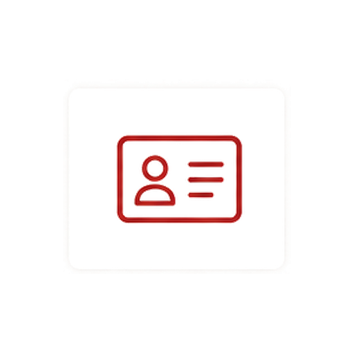 A digital identification card icon with a person's silhouette and lines representing text, displayed in red on a white background.