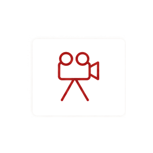 Icon of a vintage video camera with red outline and teal accents, on a white background.