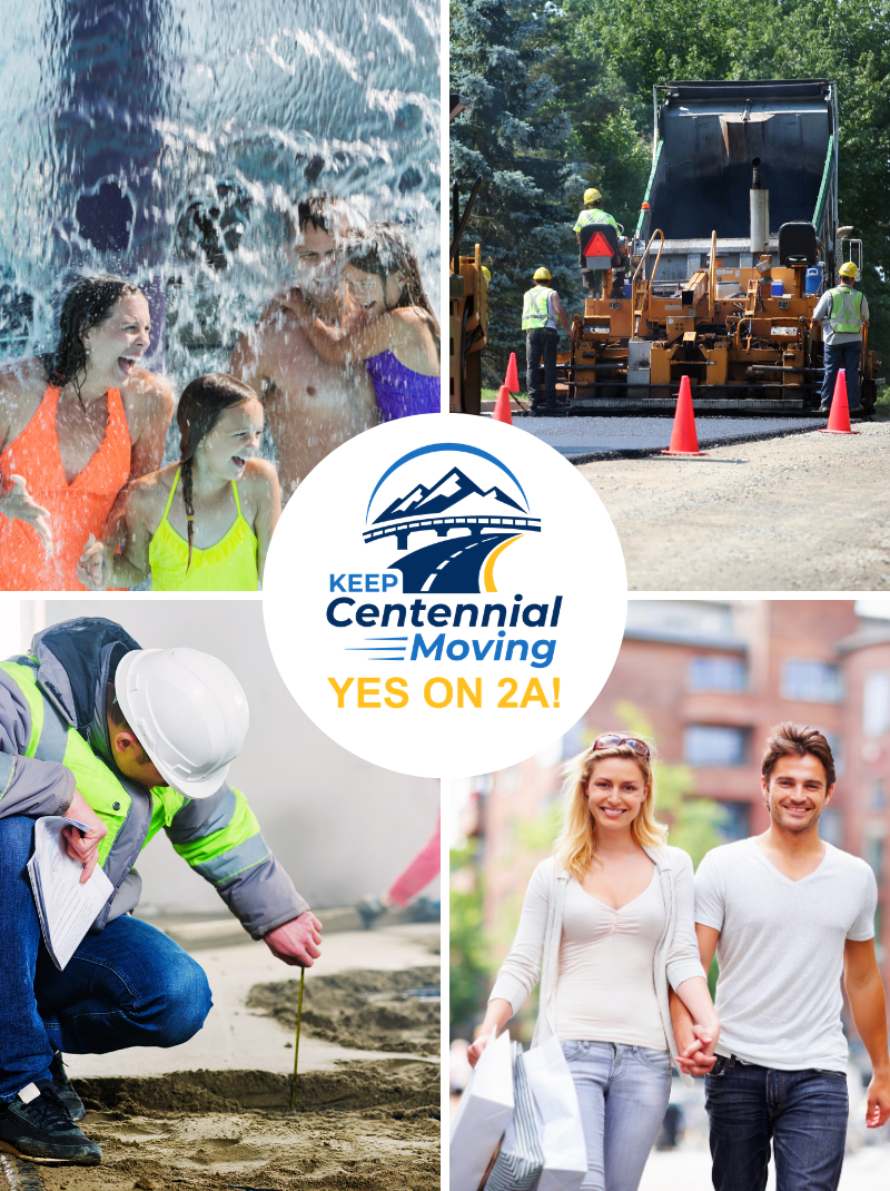 A collage of four images showing different scenes. The top left shows children playing in a splash pad with water spraying over them. The top right displays construction workers operating a machine laying asphalt on a road. The bottom left features a construction worker in safety gear inspecting a construction site. The bottom right depicts a smiling couple walking outdoors, holding hands and carrying shopping bags. In the center, a logo reads "Keep Centennial Moving" with a mountain and road graphic and the text "YES ON 2A!"
