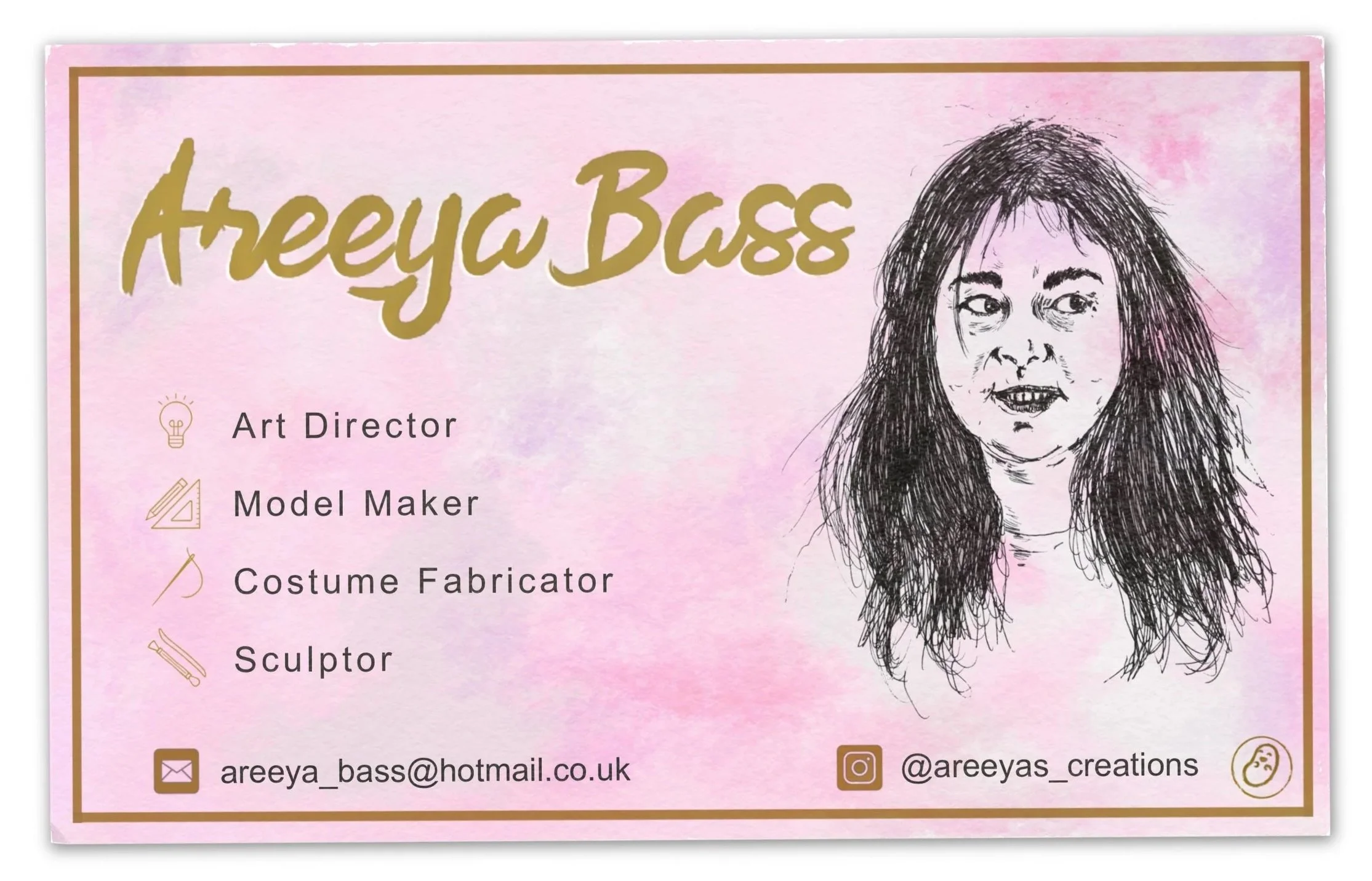 Business card for Areeya Bass with a pink watercolor background, including a sketch of a woman’s face with long hair, and contact information with icons for email and Instagram.