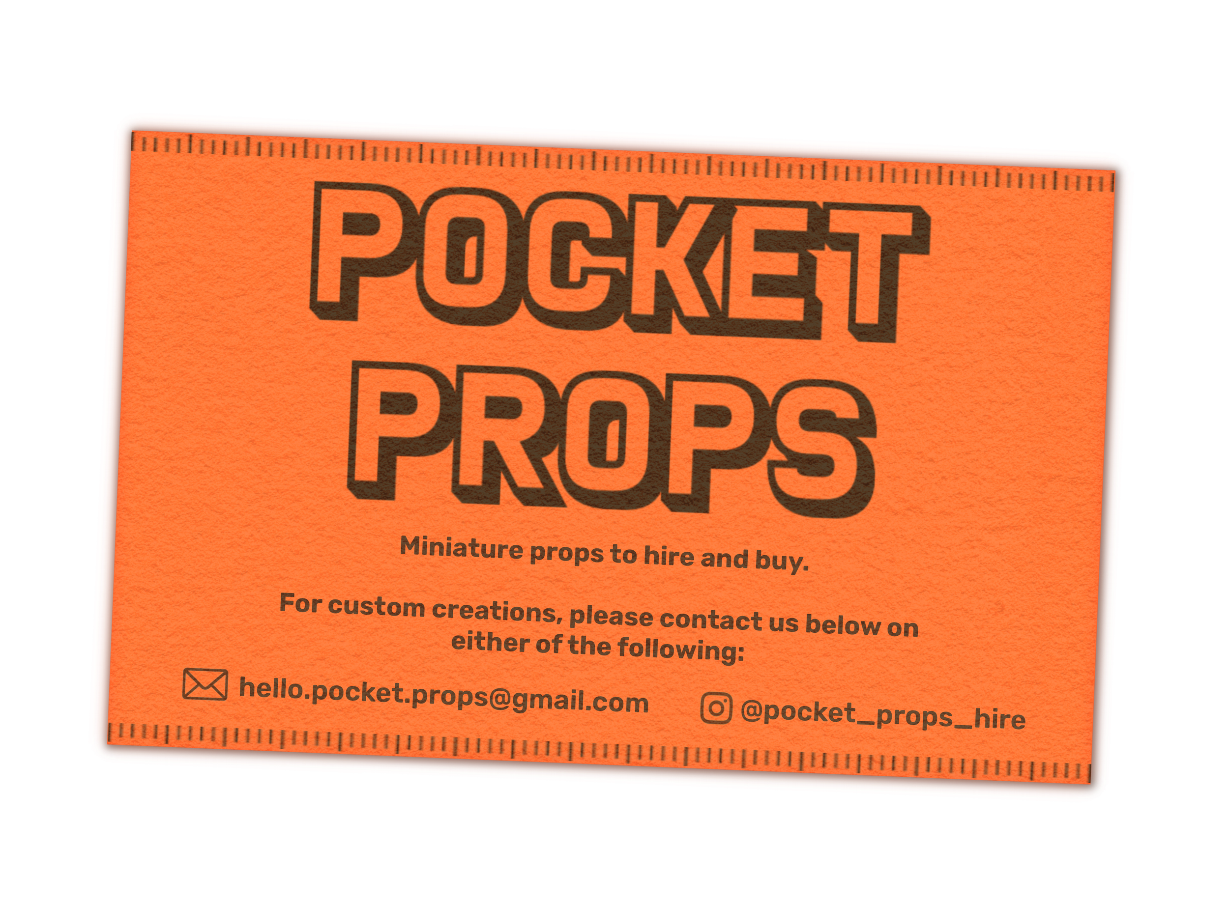 Orange flyer for Pocket Props, a company offering miniature props for hire and purchase, with contact information and social media handle.