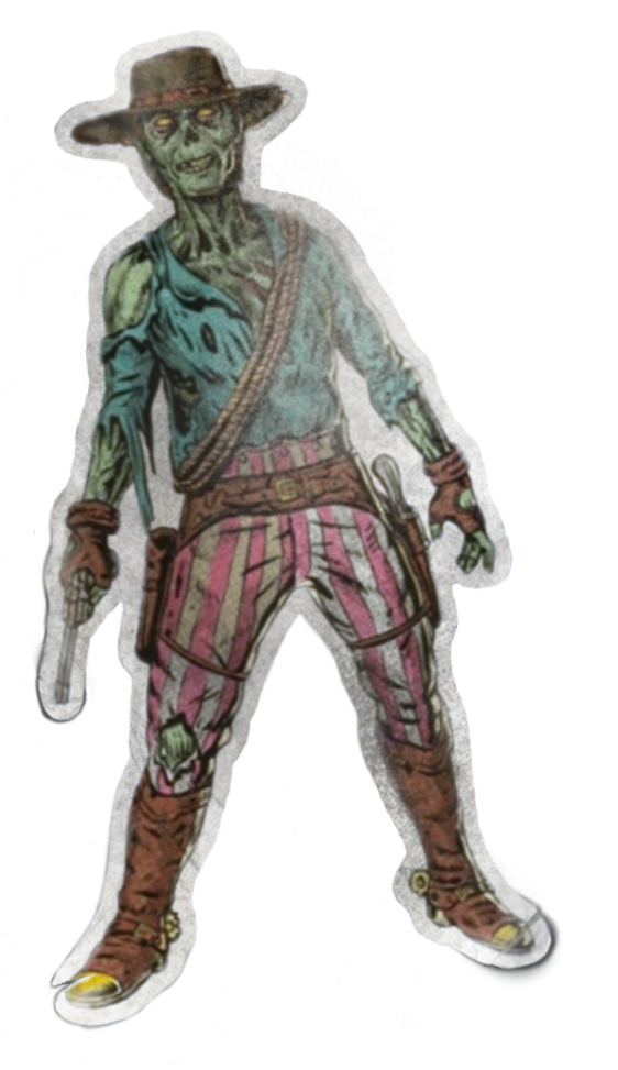 Cartoon illustration of a zombie cowboy wearing a straw hat, striped pink and white pants, a vest, and holding guns, with a rugged, undead appearance.