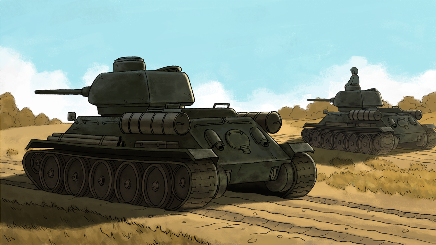 Two military tanks in a desert landscape with soldiers, dirt road tracks, and a blue sky with clouds.