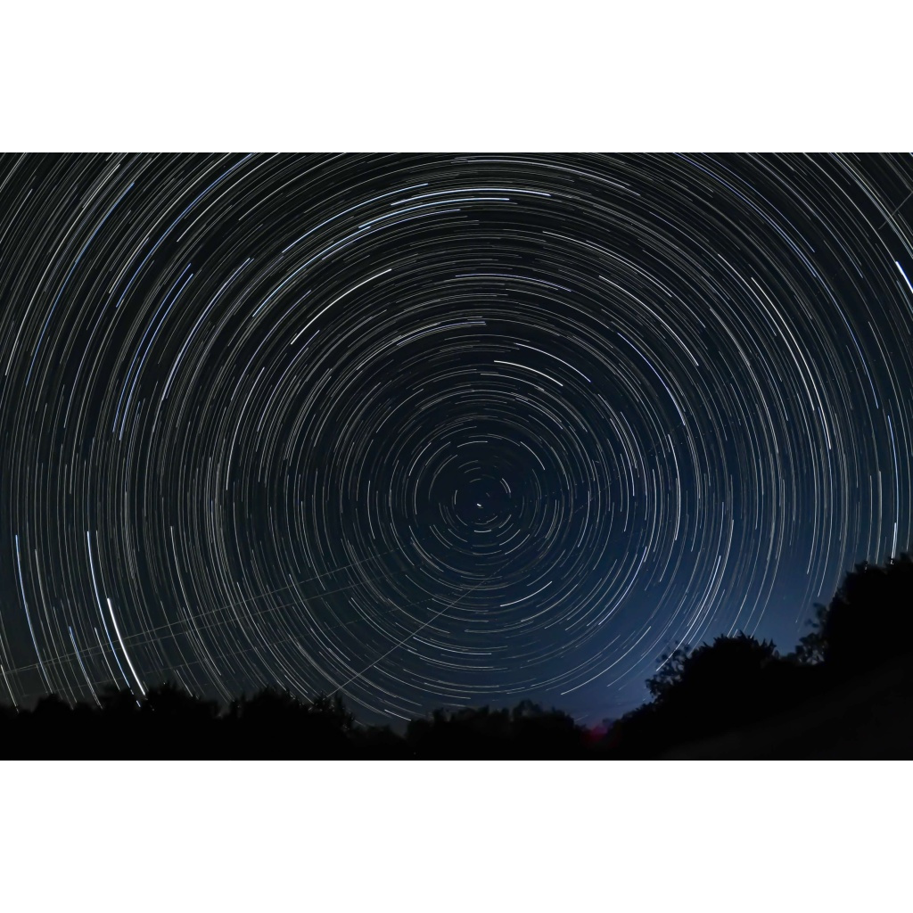 Concentric white star trails swirling around the north celestial pole above a silhouetted treeline