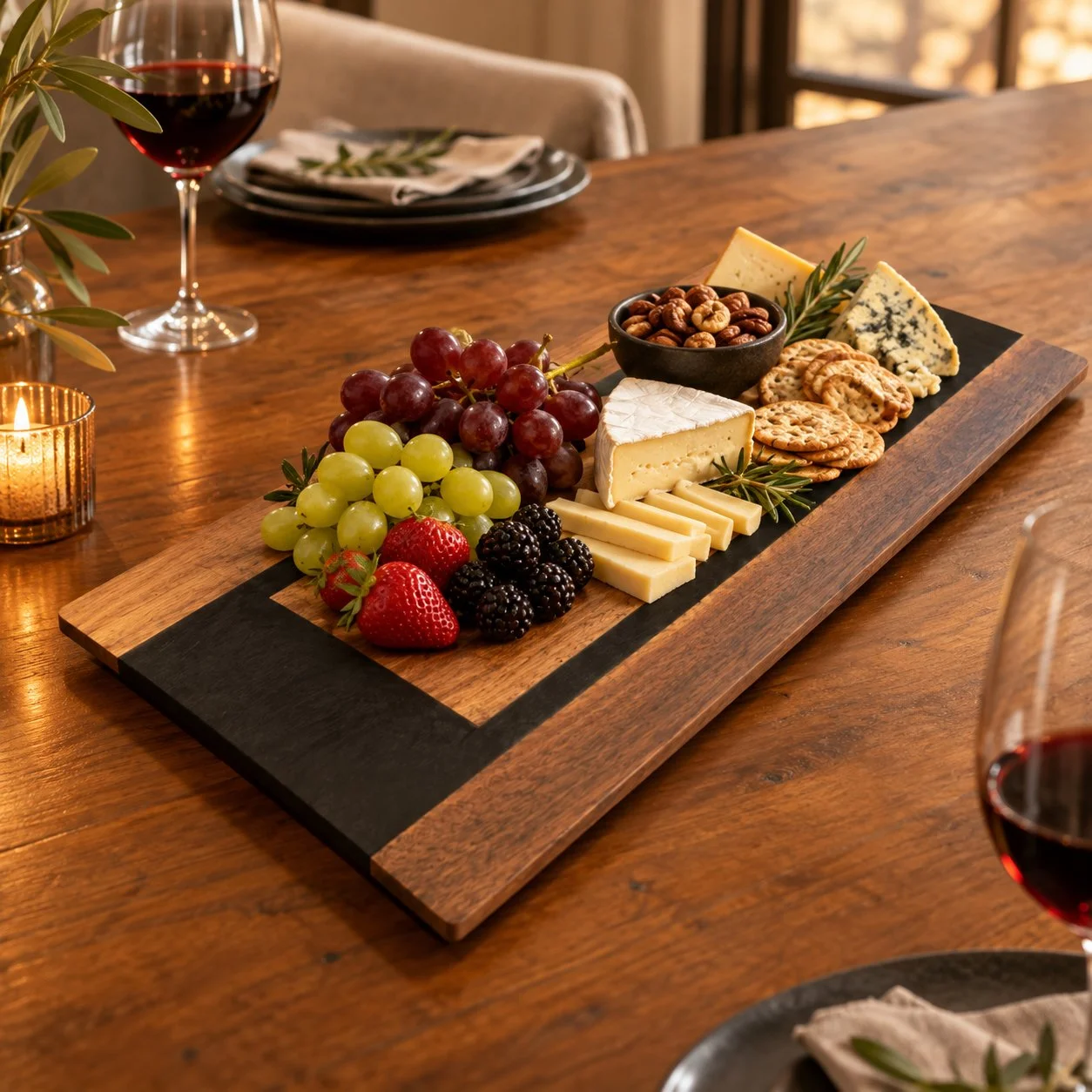 Walnut and black epoxy serving tray with cheese, grapes, berries, and crackers on a candlelit dining table