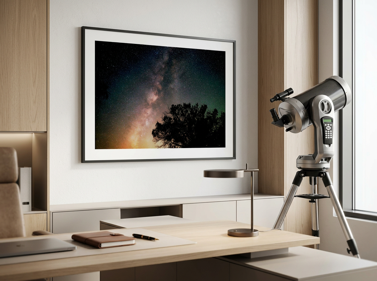 Office with telescope pointing towards framed night sky photograph of stars and the Milky Way on the wall.