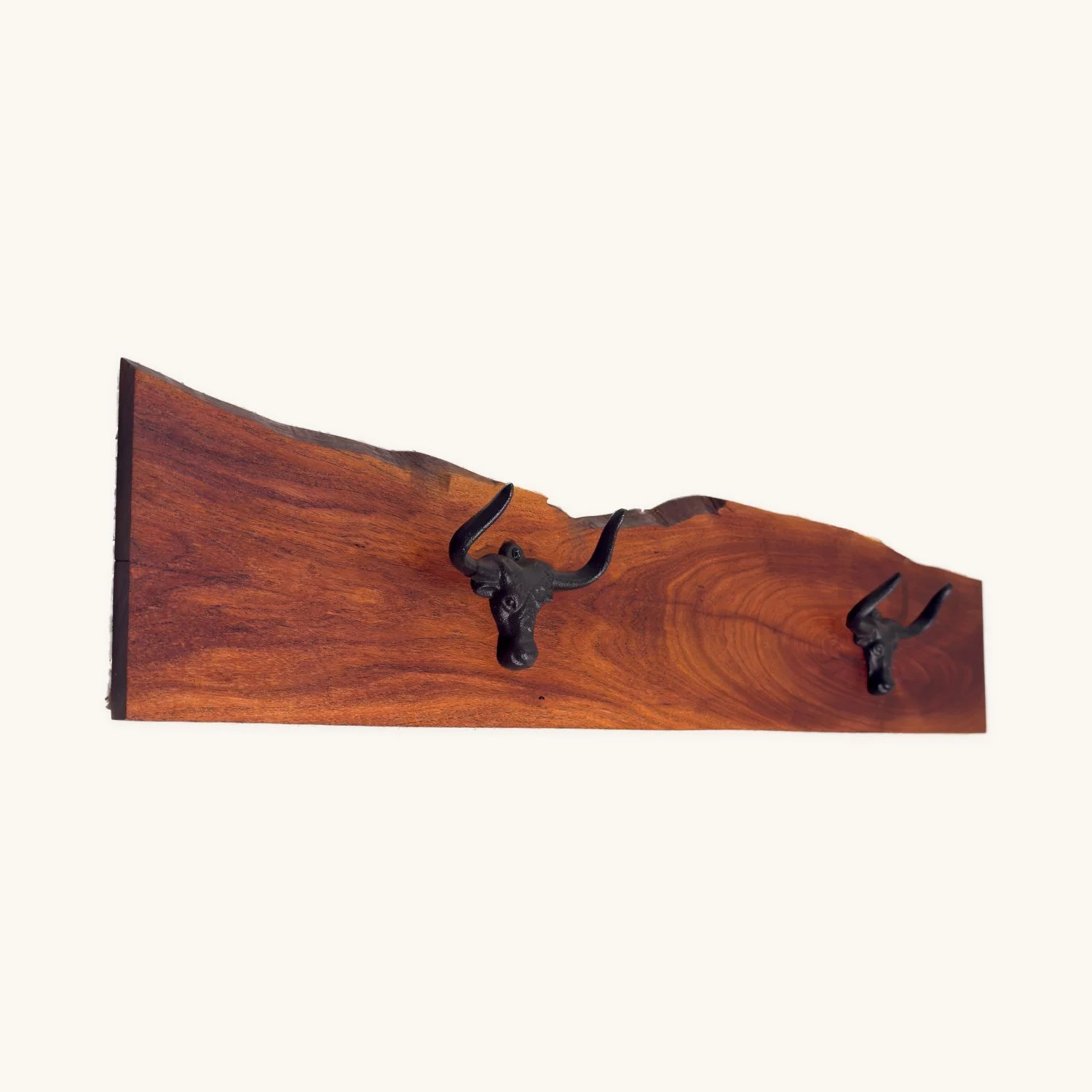 Live-edge mesquite hat rack, three-quarter view showing the natural edge