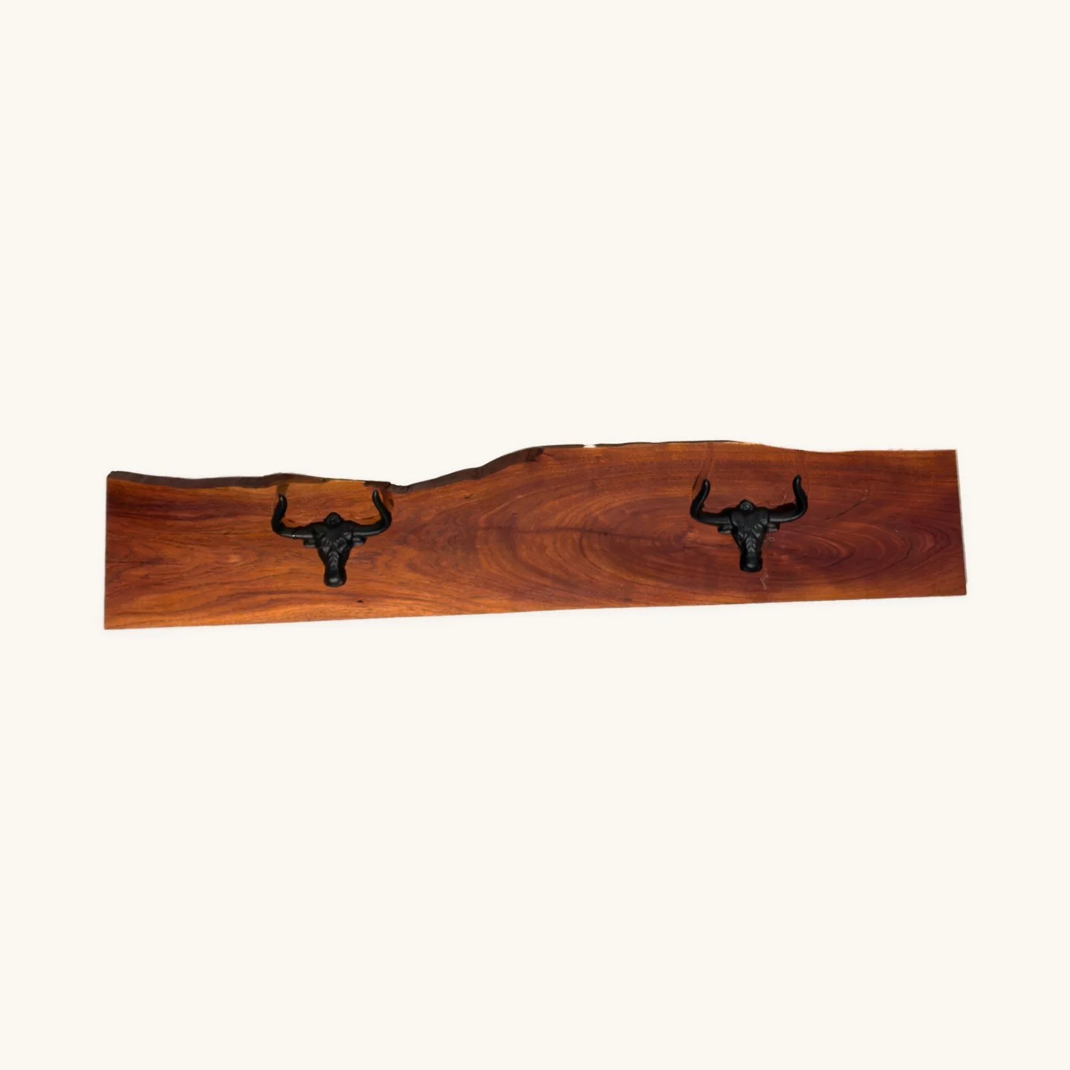 Hill Country Hat Rack, a live-edge mesquite board with two black cast-iron longhorn hooks, front view