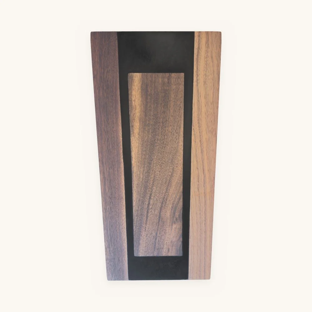 Walnut epoxy serving tray, top view showing the walnut center panel