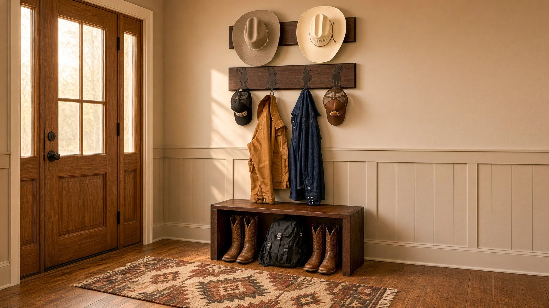 western hat rack with hat and jacket rack and sitting bench
