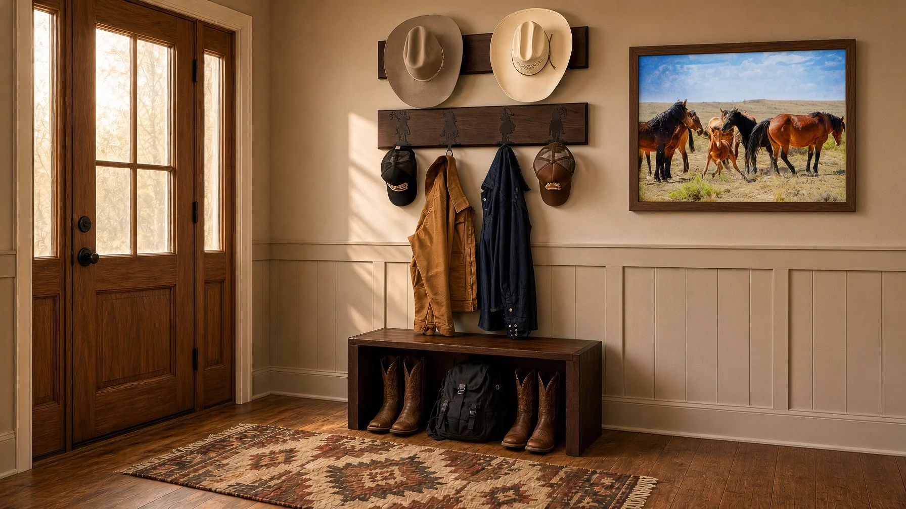 Entryway with wooden door, coat rack with hats and jackets, pair of cowboy boots, backpack, rug, and framed picture of horses.