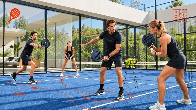 Cuatro personas jugando pickleball en una cancha techada con paredes de vidrio y vista a áreas verdes alrededor.