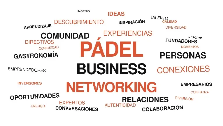 Nube de palabras relacionadas con el negocio, el networking y el padel, incluyendo términos como 'PÁDEL', 'BUSINESS', 'NETWORKING', 'COMUNIDAD', 'PERSONAS' y otros en diferentes tamaños y colores.