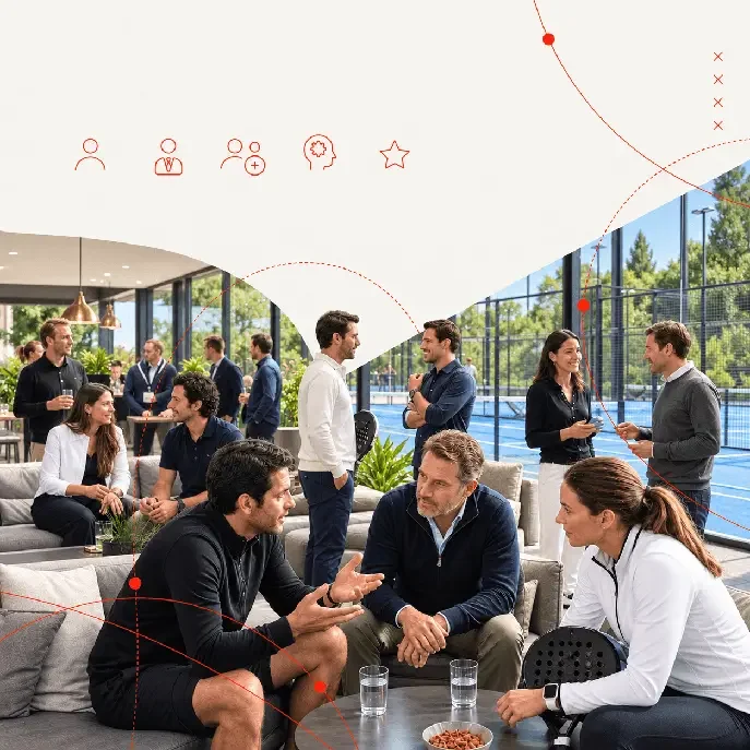 Grupo de personas en una reunión social en un espacio abierto con cancha de tenis y áreas verdes.