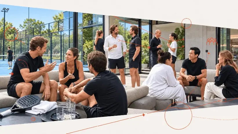 Grupo de personas socializando en un ambiente interior con grandes ventanas y vista al exterior, algunos conversando de pie y otros sentados en un sofá.