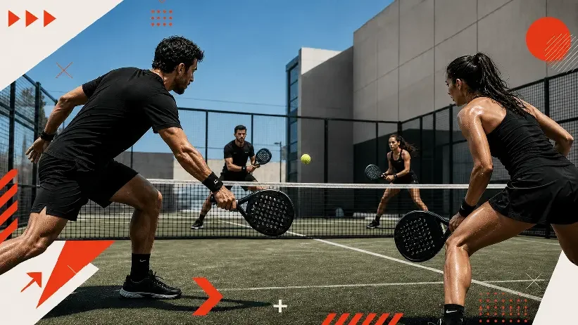 Cuatro personas jugando pádel en una cancha al aire libre, dos hombres y dos mujeres, todos con ropa deportiva negra, mostrando un momento intenso del partido.