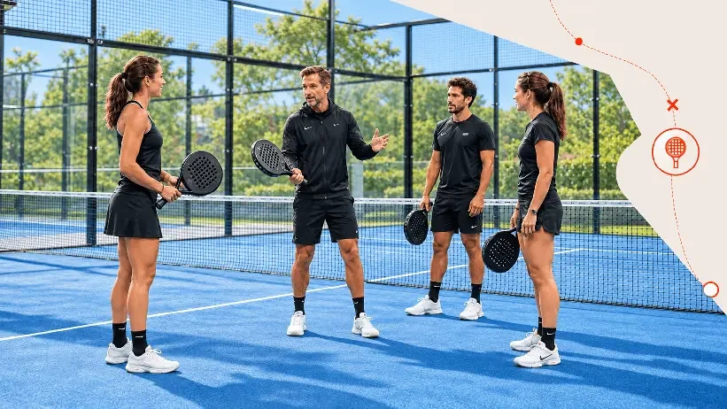 Un entrenador y tres jugadoras de tenis en una pista de tenis de clay azul, practicando una sesión de entrenamiento, con la red de tenis y un fondo de árboles y cielo despejado.