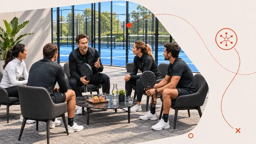 Un grupo de cinco personas sentado en sillas cómodas en un espacio de interior, participando en una sesión de entrenamiento de tenis, con una cancha de tenis visible a través de ventanas grandes al fondo.