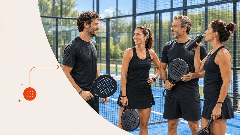 Cuatro personas de espaldas y de perfil en una pista de pádel, conversando y sonriendo, con cancha y malla de fondo, todos con raquetas de pádel y vestimenta deportiva negra.