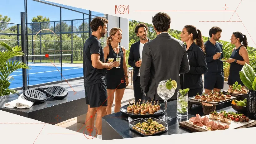 Grupo de personas en una fiesta al aire libre, con comida y bebidas en una mesa, junto a una cancha de tenis y vegetación.