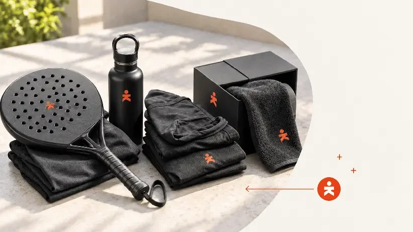 Set de ropa y accesorios deportivos en tonos negros, incluyendo una raqueta, una botella de agua, un par de calcetines, una caja de almacenamiento y un par de guantes, todos con logotipo en color naranja.