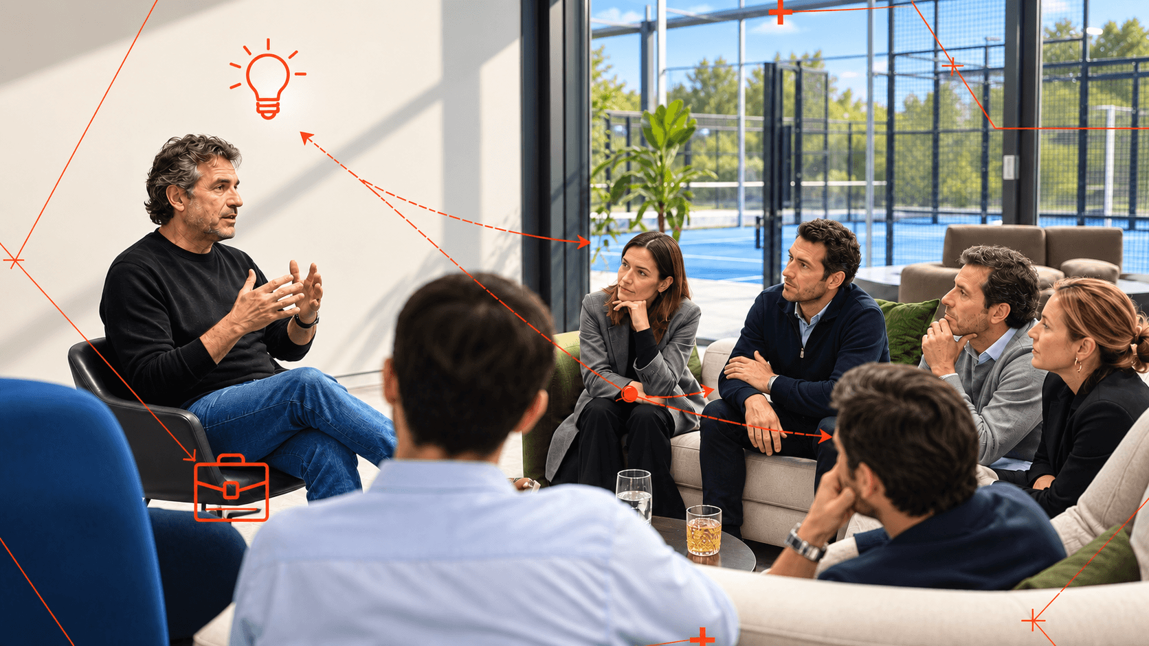 Encuentro de AKILI Club en Madrid donde empresarios, directivos, fundadores y profesionales comparten conocimiento, ideas y oportunidades de negocio alrededor del pádel.