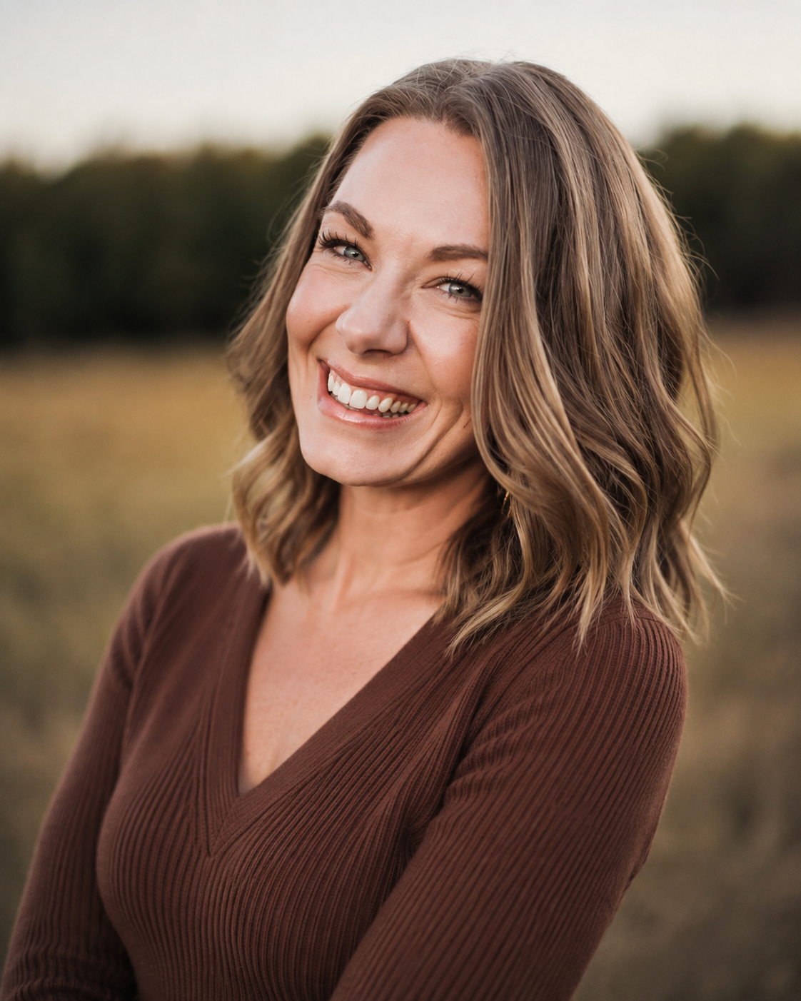A woman with shoulder-length wavy brown hair smiling outdoors in a rural setting.