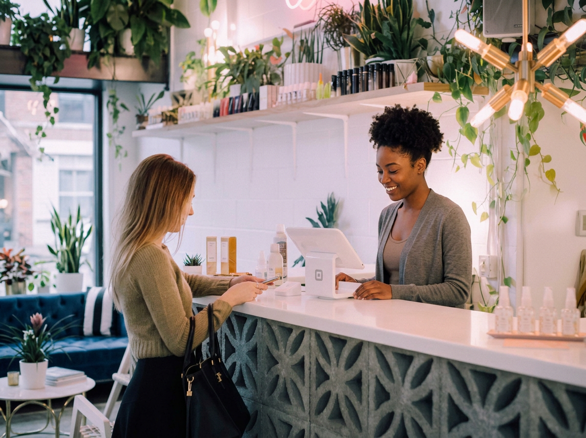 A woman at a retail counter talking to a cashier in a bright, modern store with plants and decorative lighting.