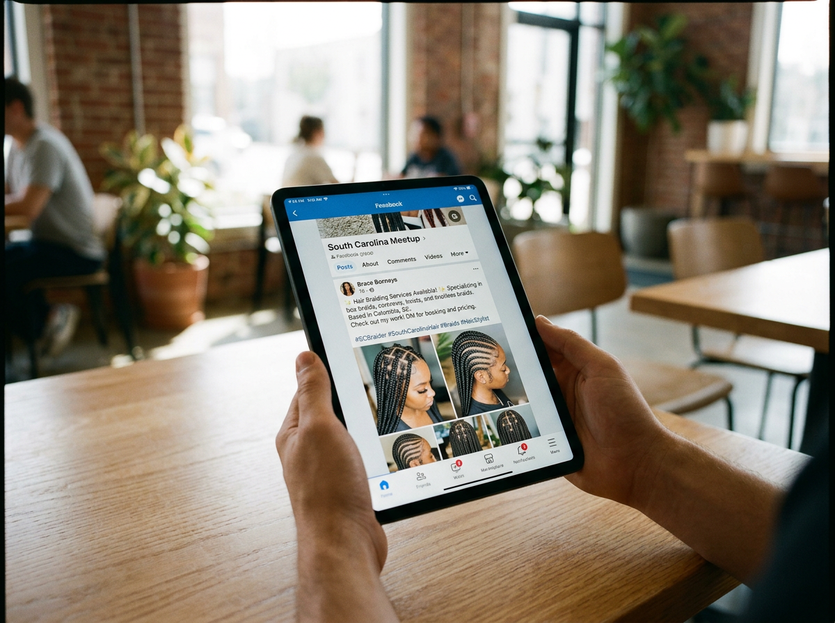 Person holding a tablet in a cafe, viewing a Facebook page about a South Carolina meetup with images of braided hairstyles.
