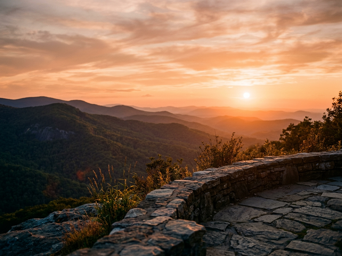 Sunset over rolling mountains with a stone viewing platform in the foreground.