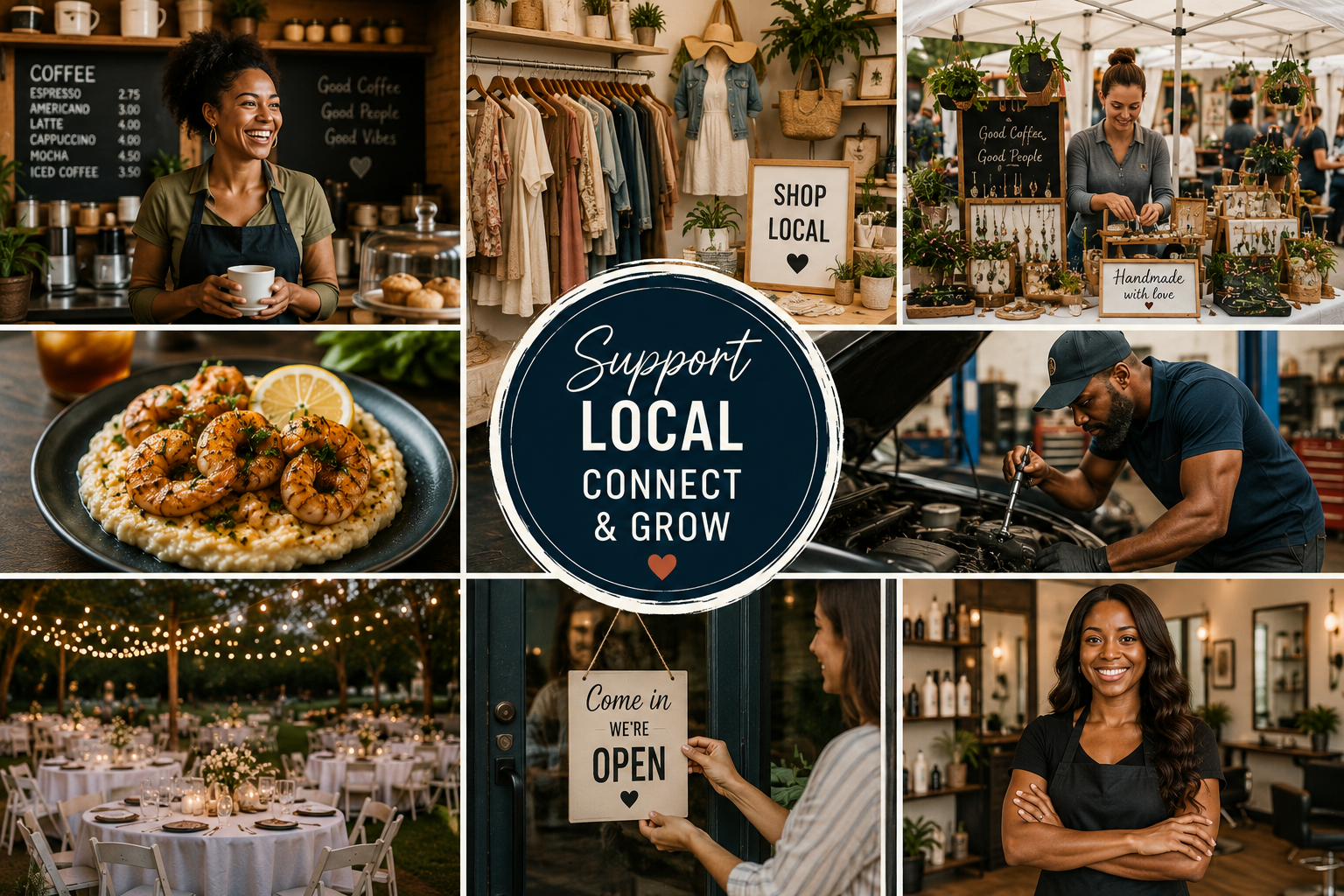 Collage promoting local support and community engagement, featuring a smiling woman barista, local crafts and clothing stall, handmade jewelry display, plate of seafood, outdoor dinner setup with string lights, mechanic working on a car engine, woman entering a shop with 'Open' sign, and a woman shop owner smiling in her store.