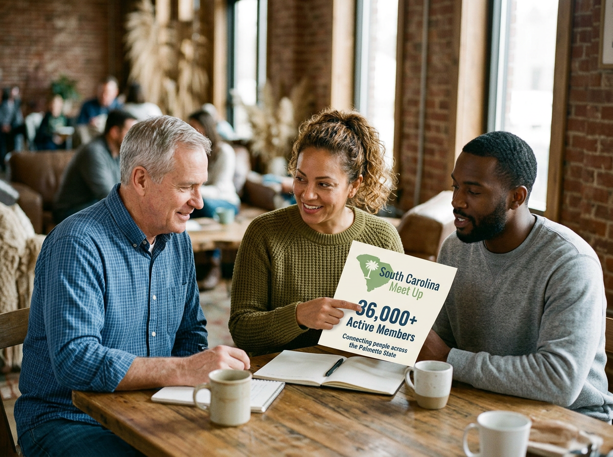 Three people sitting at a table in a coffee shop, engaged in discussion and looking at a sign that says 'South Carolina Meet Up, 36,000+ Active Members, Connecting people across the Palmetto State.' There are coffee mugs and a notebook on the table.