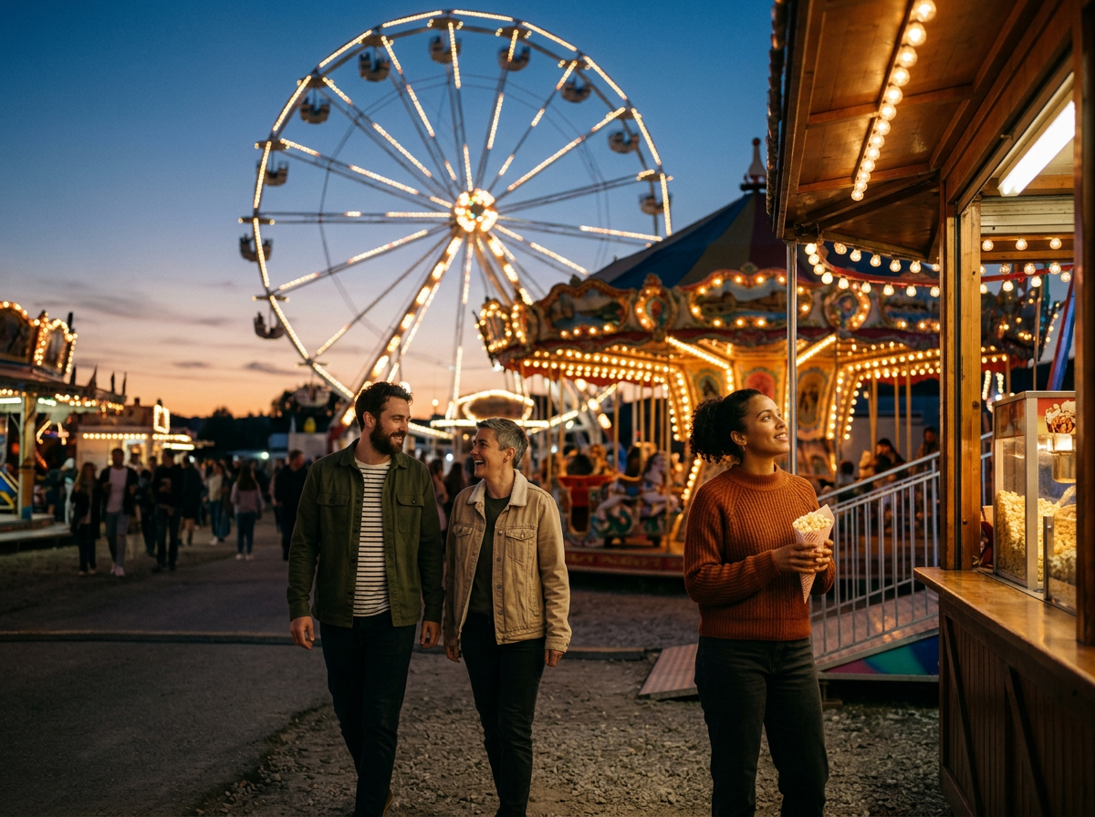 People enjoying an amusement park at dusk, with a ferris wheel and carousel in the background, and a woman eating popcorn at a food stand.