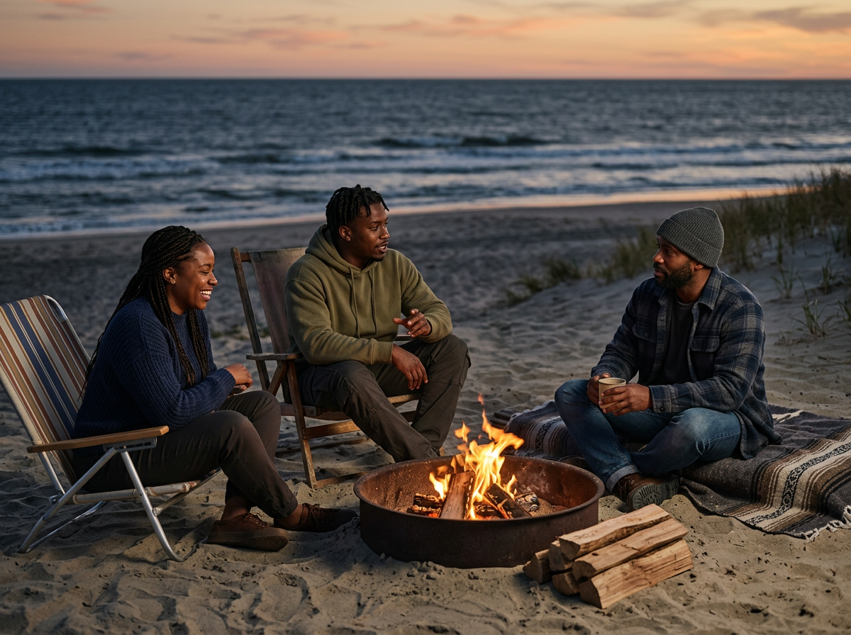 Three people sitting around a campfire on the beach at sunset, chatting and smiling. One person is sitting on a chair, another is sitting on a chair, and the third is sitting on a blanket with a cup in hand. There is a stack of firewood nearby.