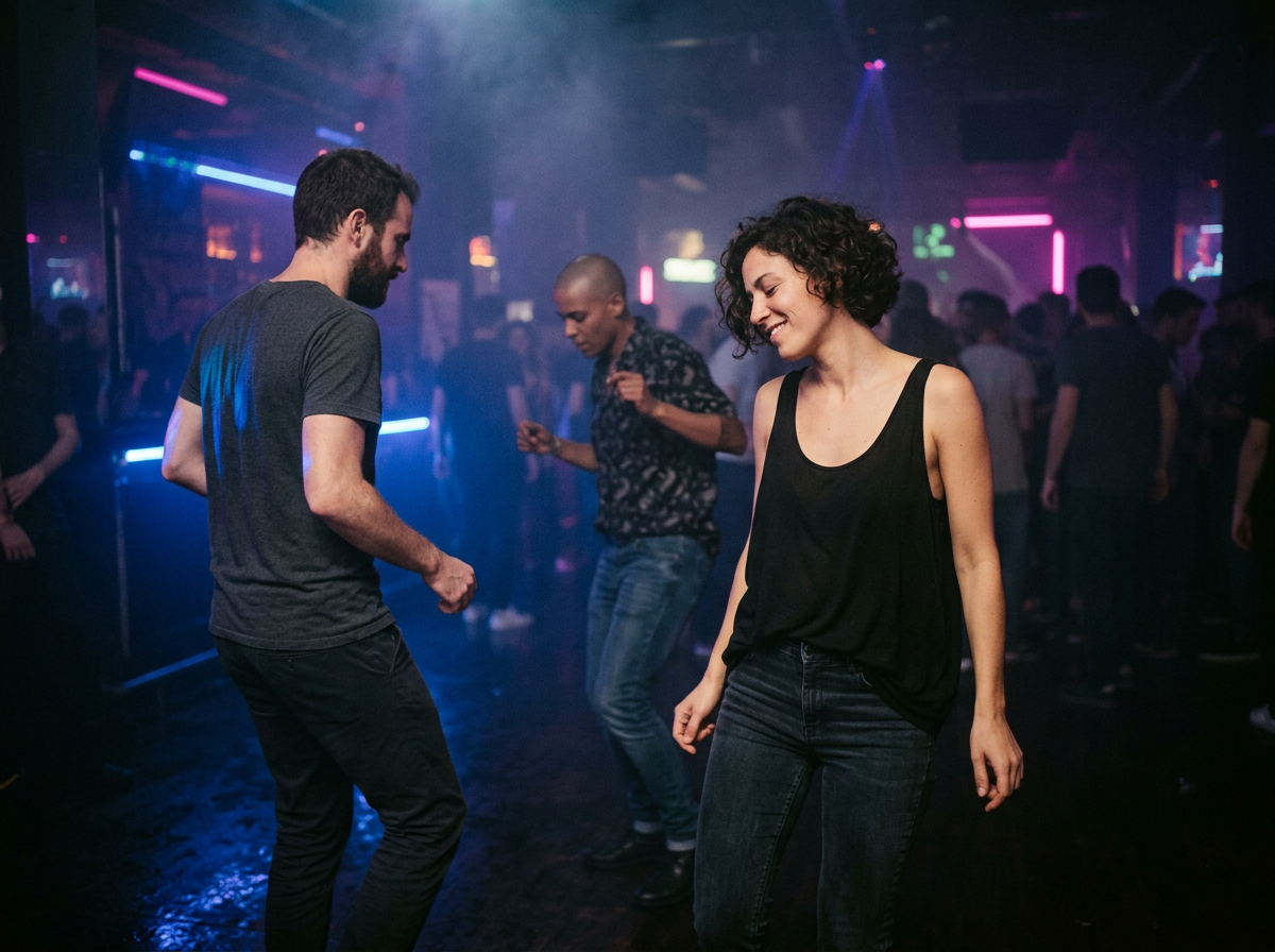 People dancing in a nightclub with neon lights and a dark atmosphere.
