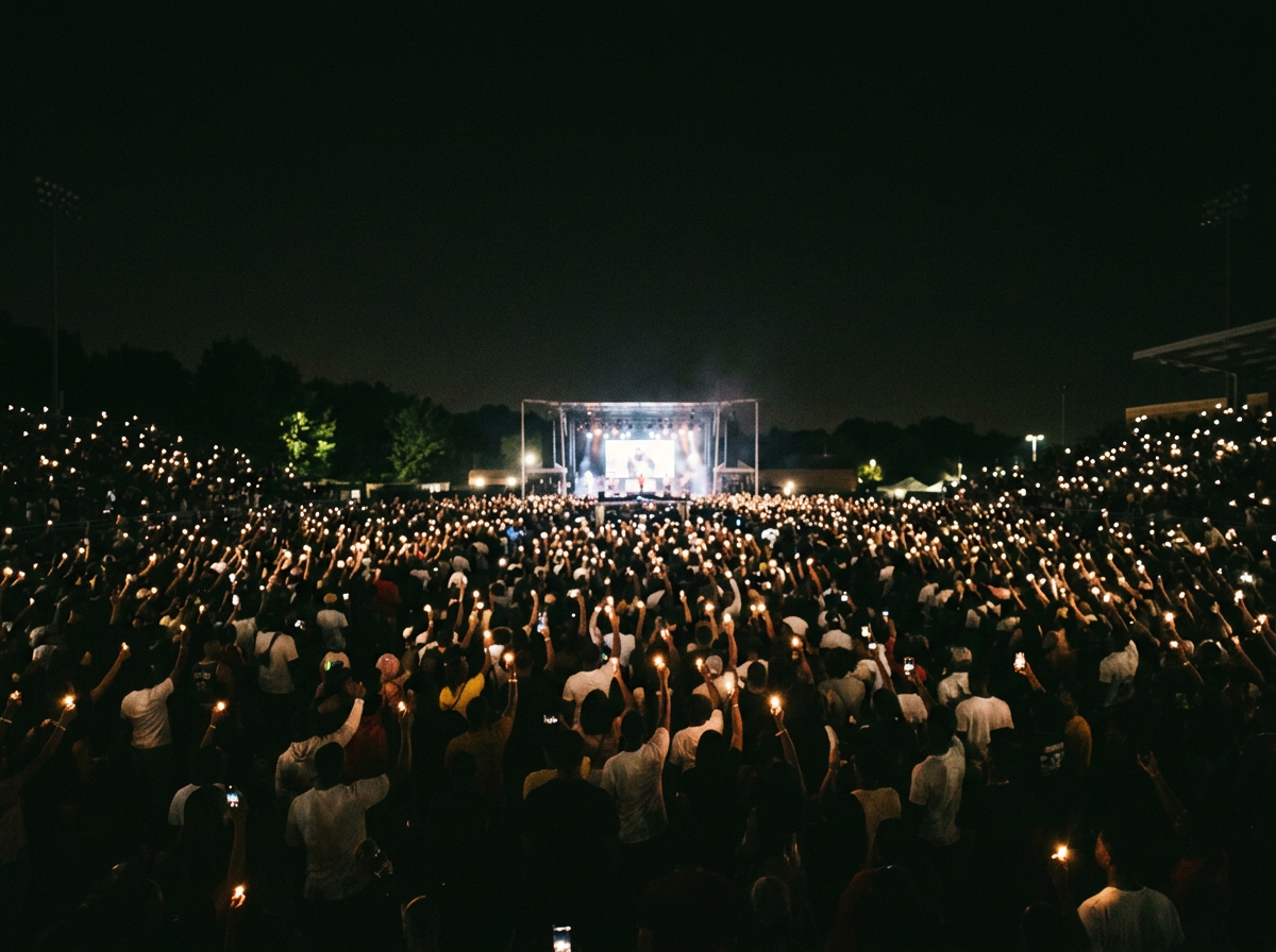 Crowd gathered at night with many holding up lights, watching a stage with performers and bright lights.