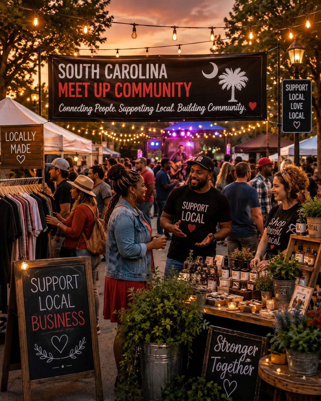 People attending a South Carolina community meetup event during sunset, with booths selling local products, banners supporting local businesses, and string lights overhead.