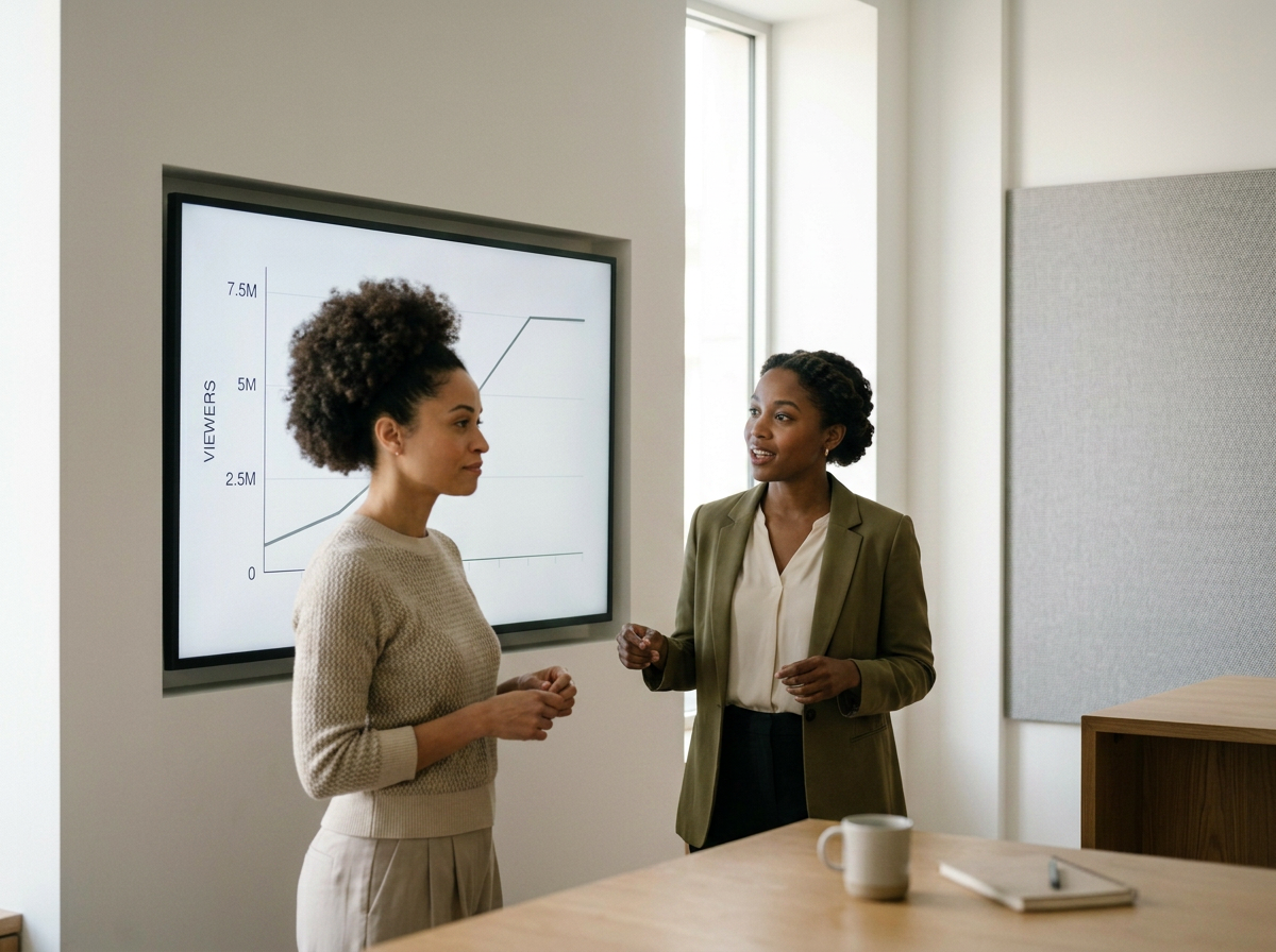 Two women having a discussion in a modern office, with a large screen showing a line graph of viewers over time.