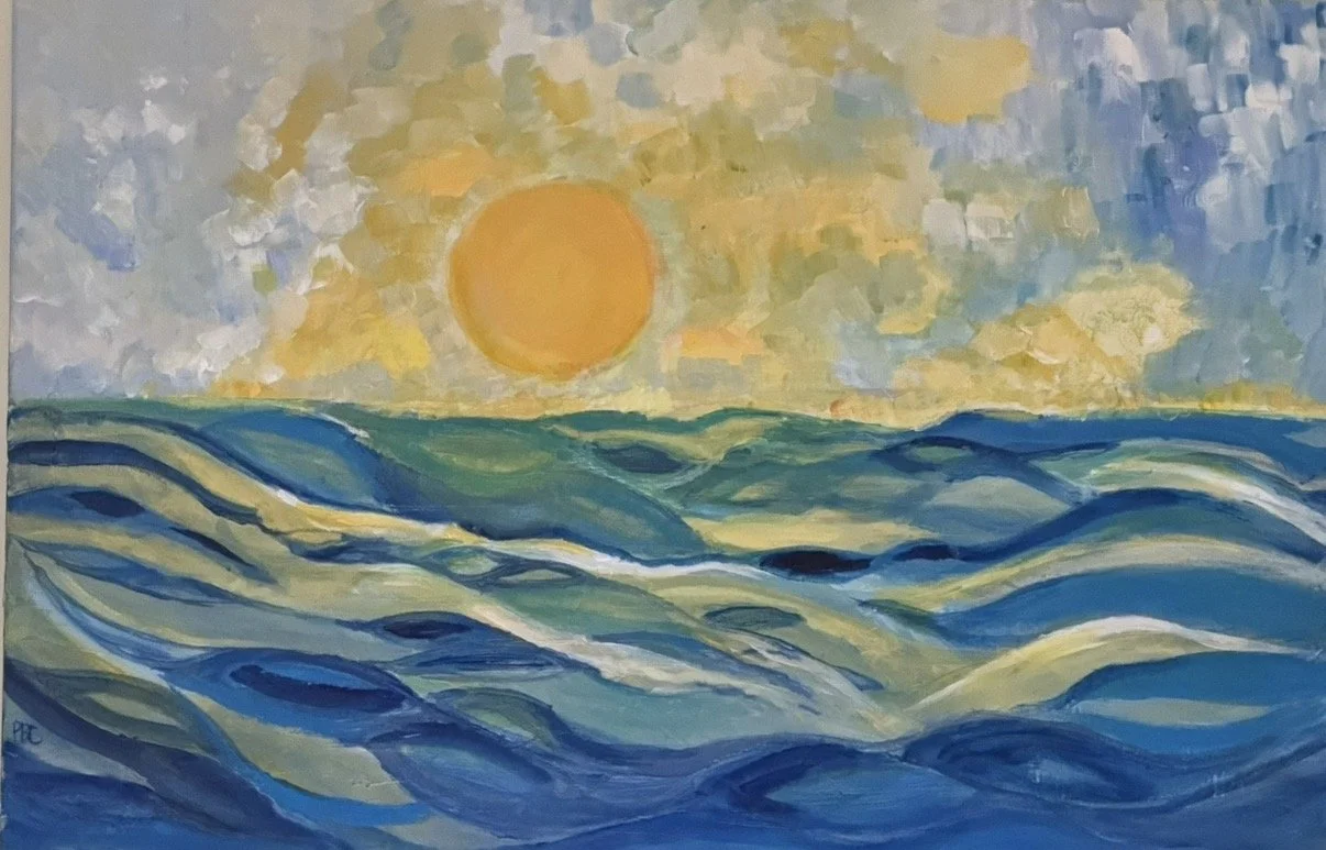 An abstract painting of the ocean at sunset with blue and green waves and a large orange sun in the sky.
