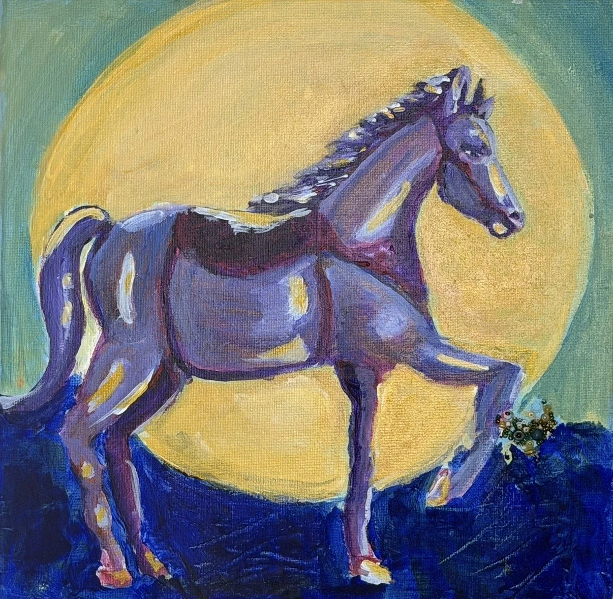 A colorful painting of a purple horse with white highlights, standing on a dark blue ground, with a large yellow circle resembling a moon or sun in the background.
