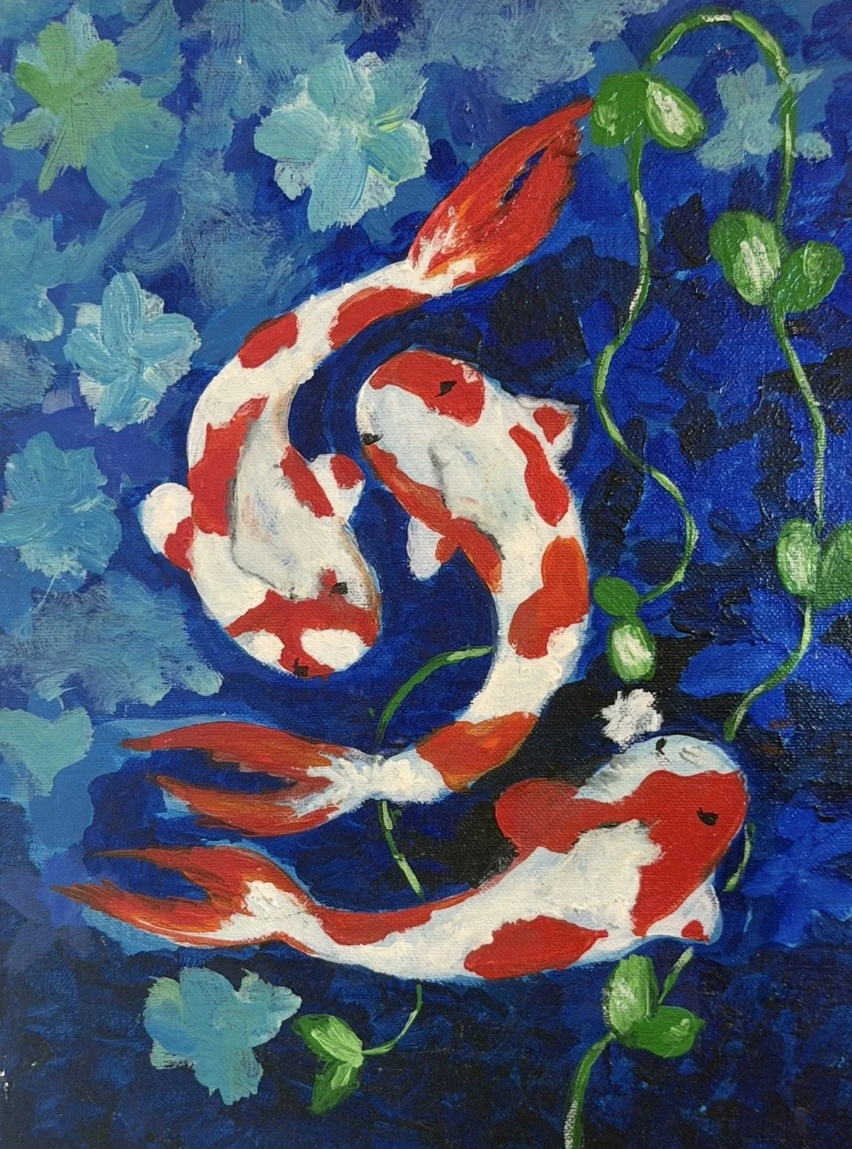 Painting of koi fish swimming among blue water and green plants.