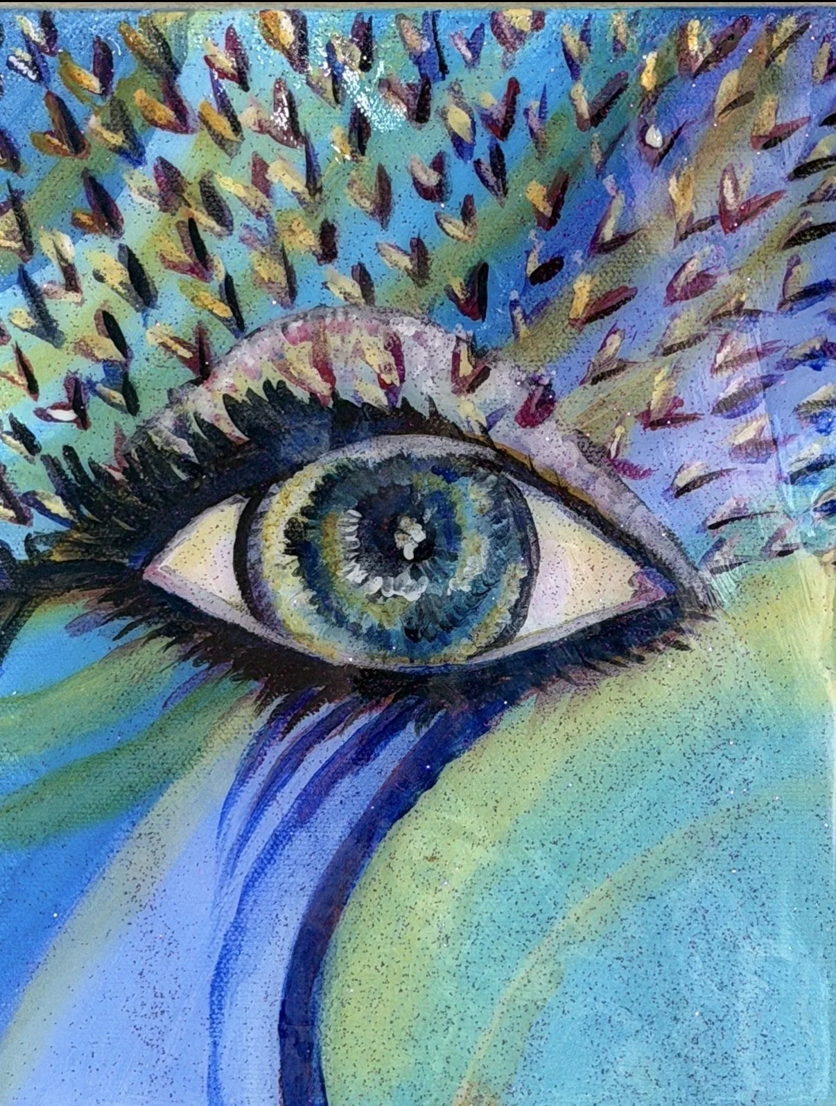 A colorful watercolor painting of a human eye with the iris and eyelashes detailed in shades of blue, green, purple, and yellow, with an abstract background of pastel colors.
