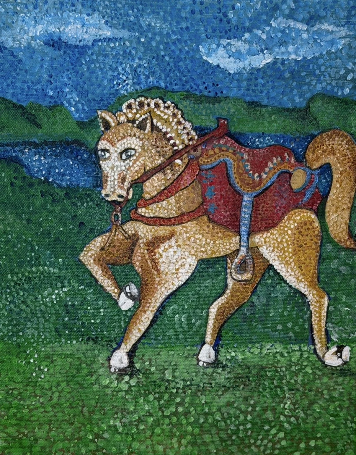 Colorful painting of a horse with a rider holding a spear, set against a lush landscape and cloudy sky.