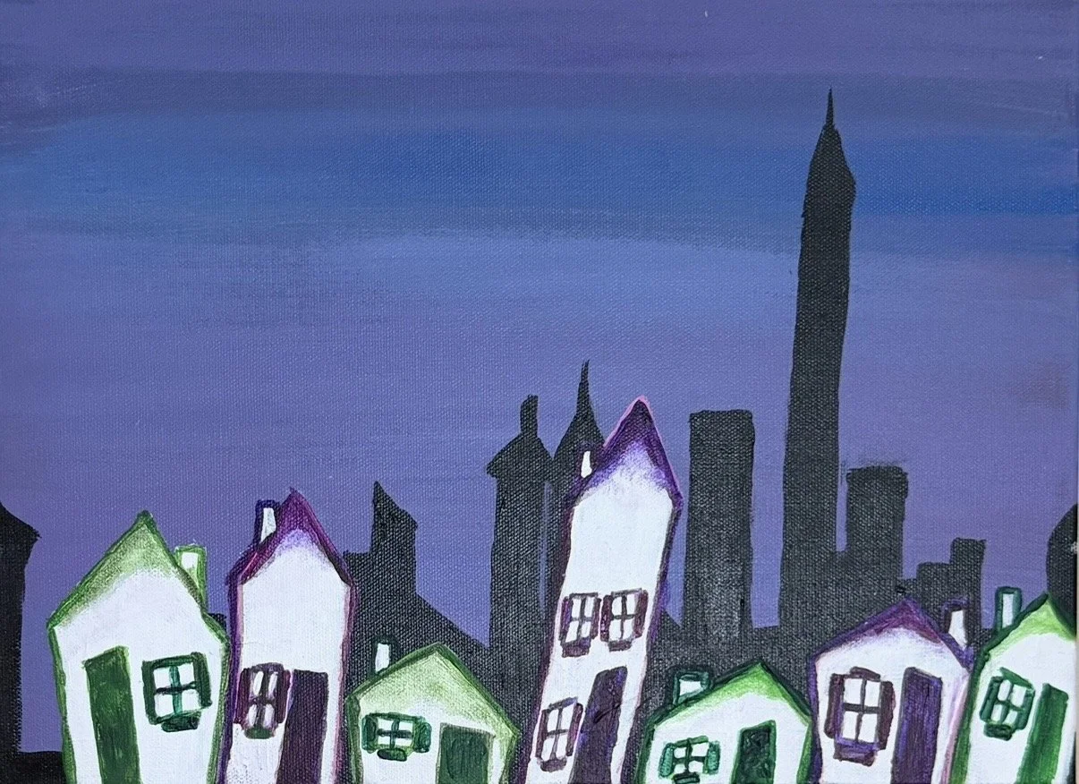 A painting of a city skyline at night with colorful houses in the foreground and tall skyscrapers in the background, under a purple sky.