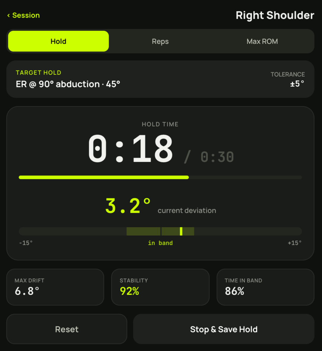 Kinny app timing a shoulder hold: 18 of 30 seconds, 3.2° deviation, 92% stability